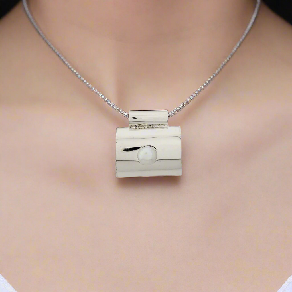 Sterling Silver Smooth Half Moon Square Pendant with Pearl