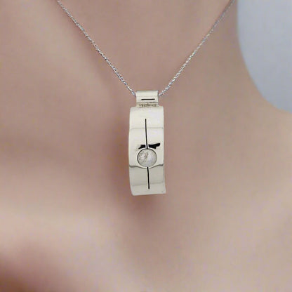 Sterling Silver Rectangular Half-Moon Pendant with Stripe and Pearl