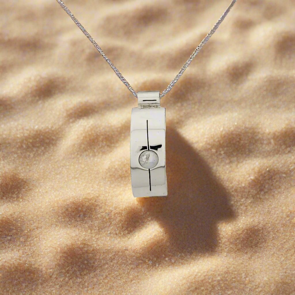 Sterling Silver Rectangular Half-Moon Pendant with Stripe and Pearl