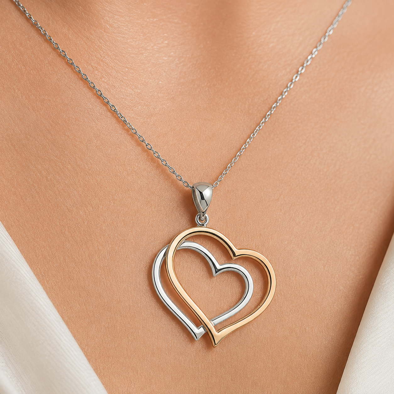 Sterling Silver Double Heart Pendant with Copper - Two-Tone Design