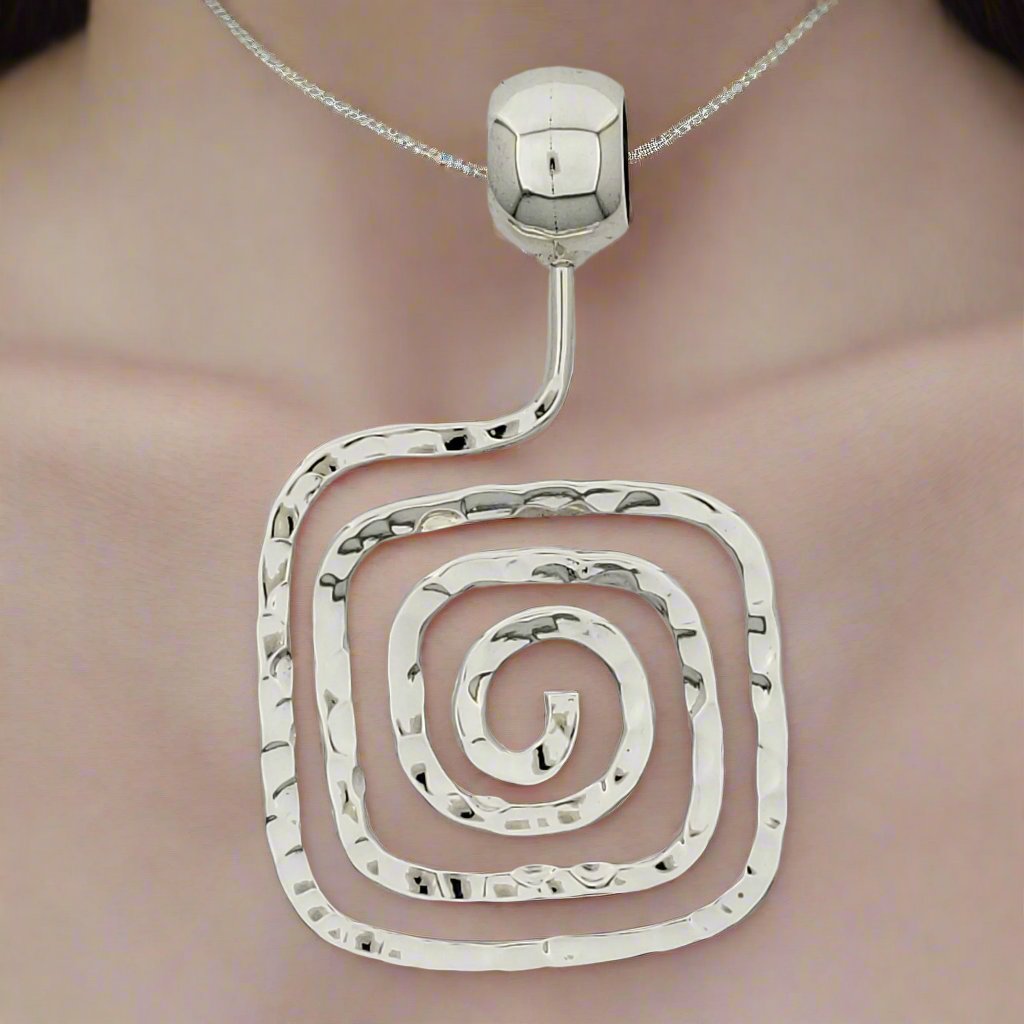 Sterling Silver Square Slope Hammered Labyrinth Pendant