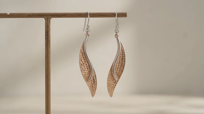 Sterling Silver and Copper Hammered Leaf Earrings with Smooth Tongue Design