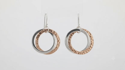Double Smooth Sterling Silver and Hammered Copper Hoop Earrings