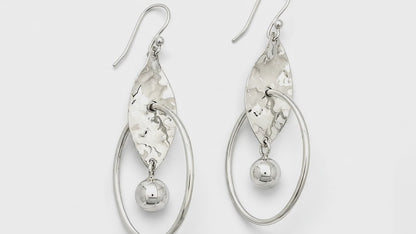Sterling Silver Hoop Earrings with Hammered Leaf and Dangling Ball