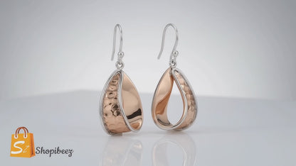 Sterling Silver and Copper Hammered Drop Earrings with Bezel and Ring